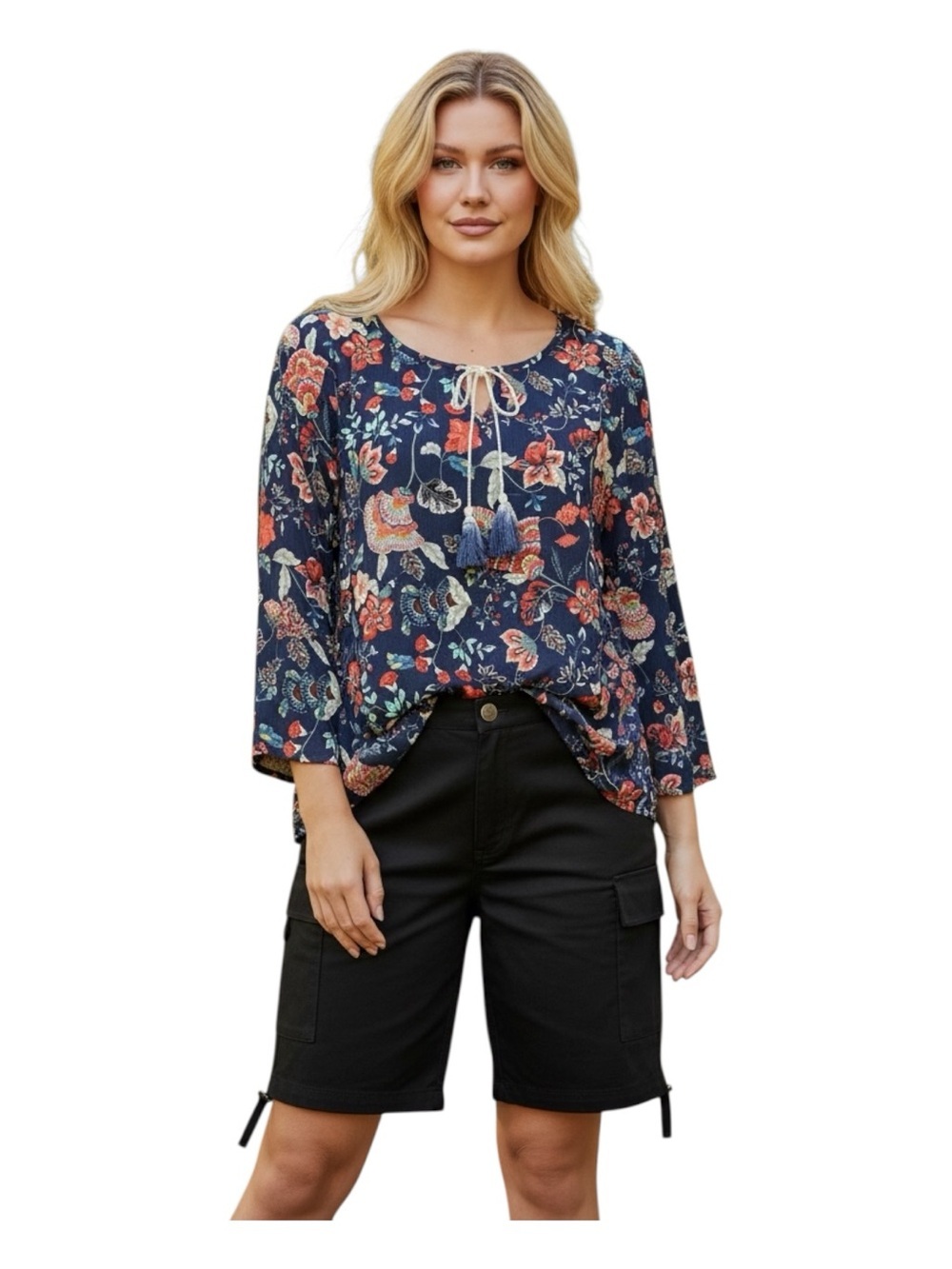 Navy Floral Plus Size 1X Tie-Neck Blouse with Tassel Detail - Women
